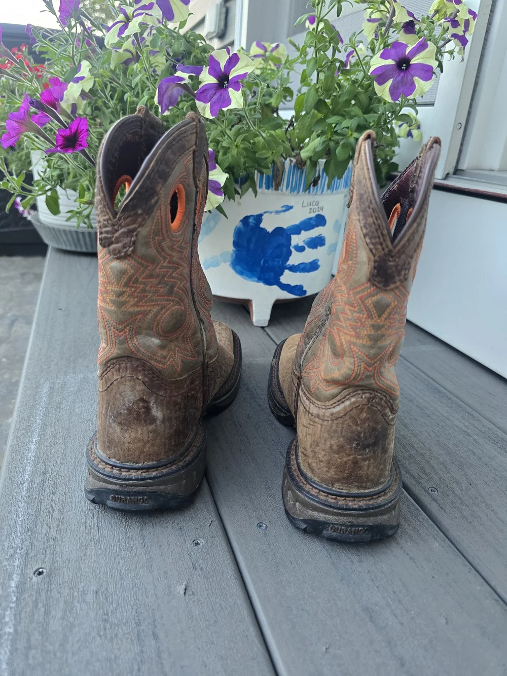 Durango Brown Kids Western Boots with Orange Pull Holes Size 1M